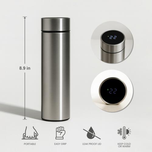 16oz Vacuum Flask Metallic with Temperature Display (Silver) Thumbnail