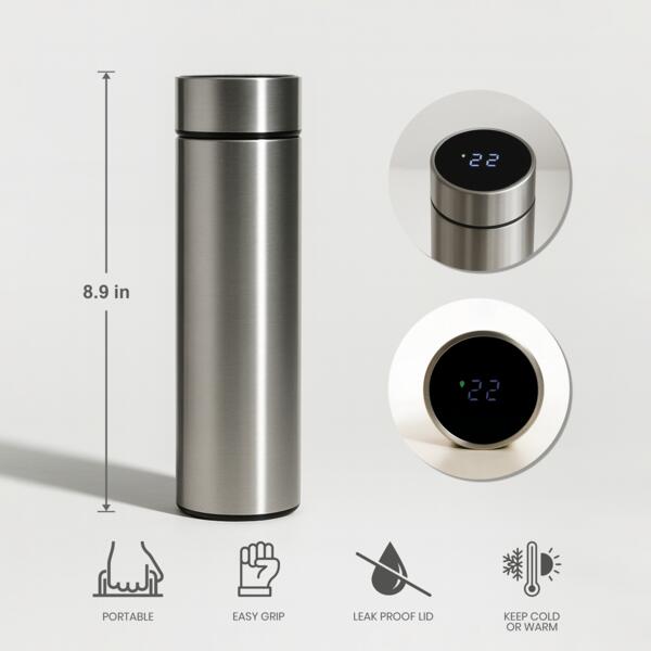 16oz Vacuum Flask Metallic with Temperature Display (Silver) Thumbnail