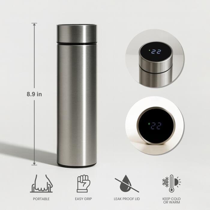 16oz Vacuum Flask Metallic with Temperature Display (Silver) Thumbnail