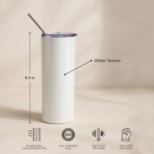 20oz Glitter Stainless Skinny with Straw (White) Thumbnail