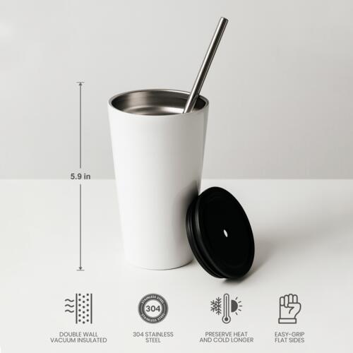 16oz Stainless Steel Tumbler with Straw (White) Thumbnail