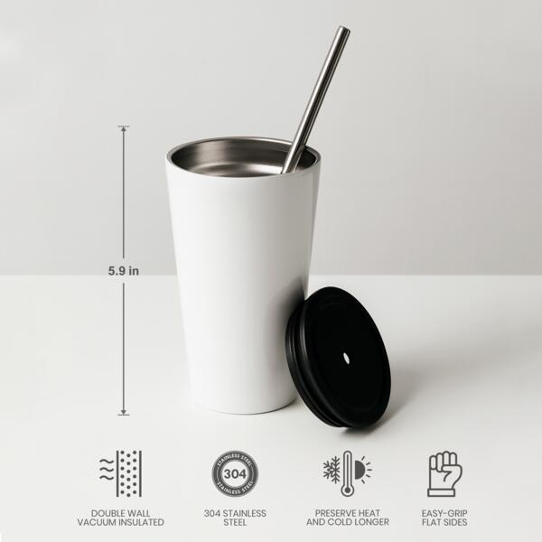 16oz Stainless Steel Tumbler with Straw (White) Thumbnail