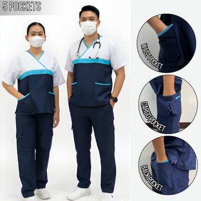 Occupational Attire Scrubsuit Set V-Neck Tricolor Overlap (6 Pockets, Plain Pants) Thumbnail