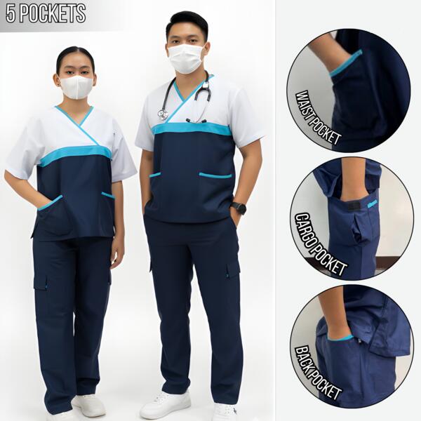 Occupational Attire Scrubsuit Set V-Neck Tricolor Overlap (6 Pockets, Plain Pants) Thumbnail