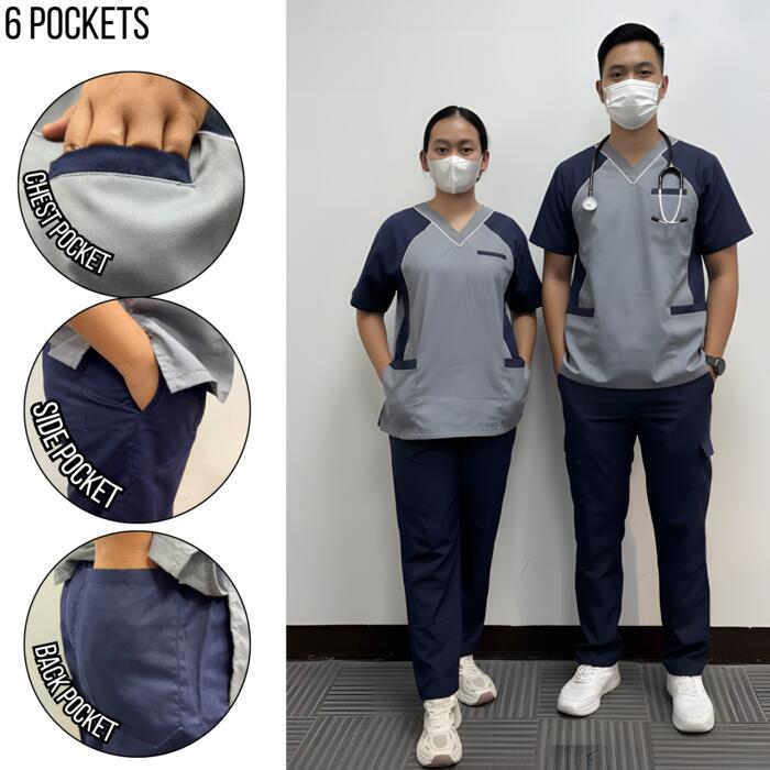 V-Neck Curve Line Scrub Suit 8 Pocket & Garterize/Drawstring Waist Thumbnail