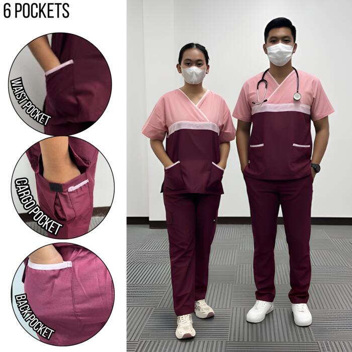 V-Neck Tricolor Overlap Scrub suit Set  6 Pockets Plain Pants Thumbnail