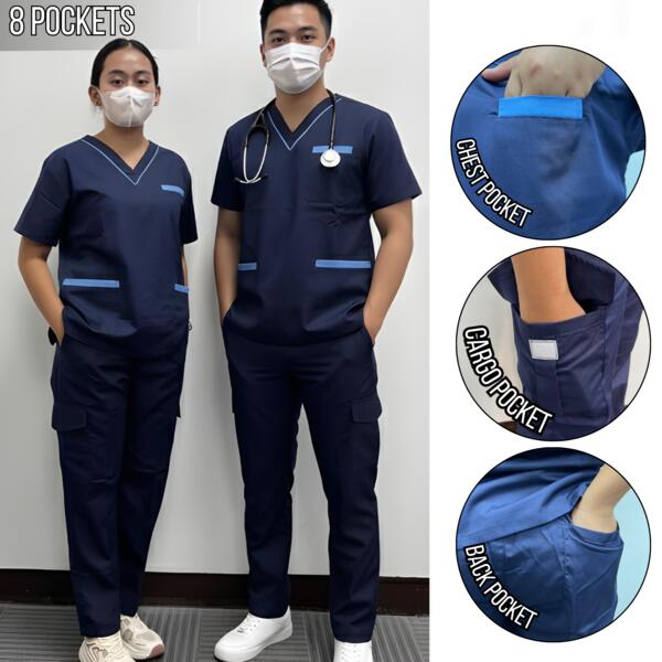Piping V-Neck Scrub suit Set 8 Pockets With Plain Pants Unisex Thumbnail