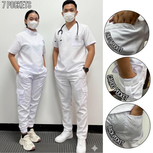 Plain White Elite1Scrub Suit Chest & 4 Pockets Jogger Pants Thumbnail