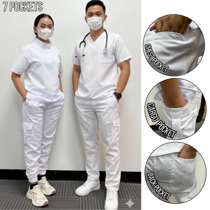 Plain White Elite1Scrub Suit Chest & 4 Pockets Jogger Pants Thumbnail