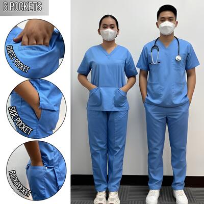 V-Neck Plain Scrub Suit Set with 6 Pocket Pants Unisex Thumbnail
