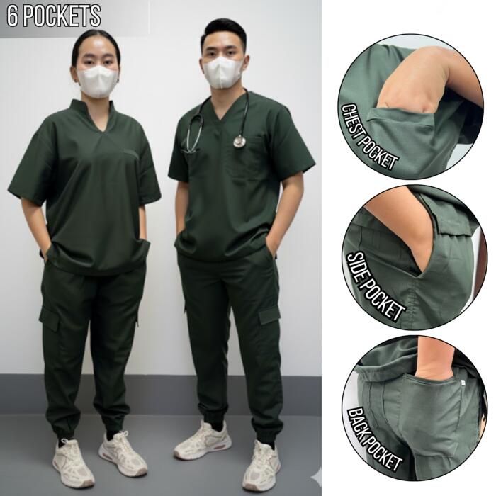 Chinese Collar Scrub Suit Set 6 Pocket With Plain Pants Unisex Thumbnail