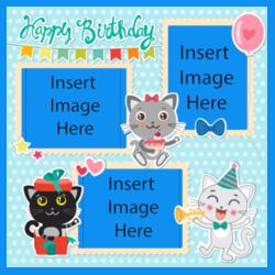 Sticky Note, Sky Blue Background, Red with Heart Print Balloon, Colorful Banderitas, Cute Kittens, Gray Cat, White Cat, Colorful Banderitas, Happy Bithday Quote, Insertable Photo, Customized Pillow Design