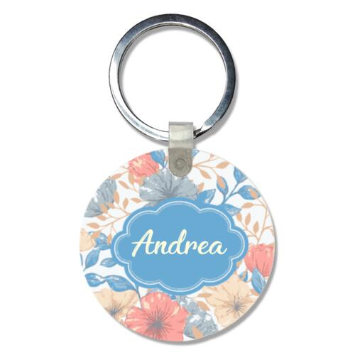 Beautiful Floral Full Background, Changeable Name Circle Wooden Keychain Thumbnail