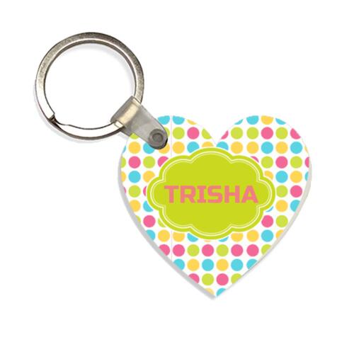 Colorful Polka Dots Full Background, Changeable Name Heart Wooden Keychain Thumbnail