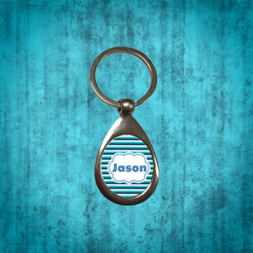 Horizontal Blue Stripe Full Background, Changeable Name Metallic Keychain Thumbnail