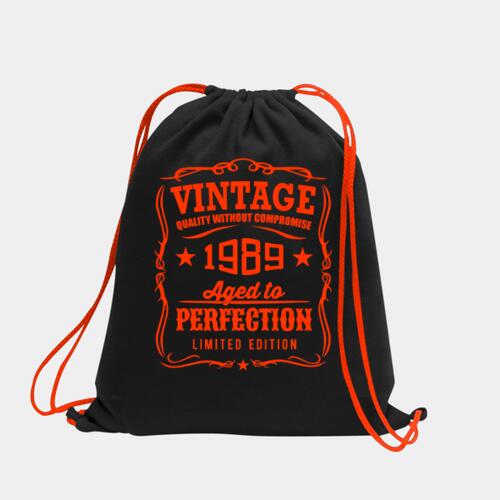 Vintage Quality Without Compromise 1989 Aged To Perfection Limited Edition Statement, Editable Year Neon Drawstring Bag Thumbnail