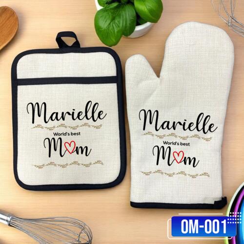 World's Best MOM, Linen Pot Holder & Oven Mitt with Customizable Name, Kitchen Accessories - OM-001 Thumbnail