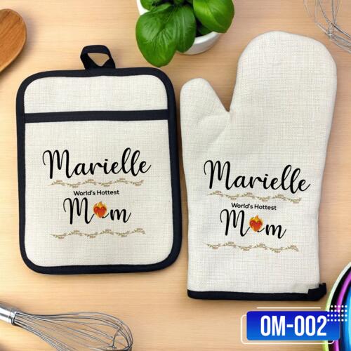 World's Hottest Mom, Linen Pot Holder & Oven Mitt with Customizable Name, Kitchen Accessories - OM-002 Thumbnail