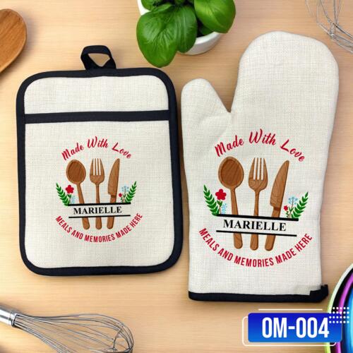Made with Love, Meals and memories made here, Linen Pot Holder & Oven Mitt with Customizable Name, Kitchen Accessories - OM-004 Thumbnail