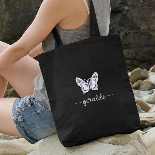 Embroidered Canvas Tote Bag with Personalized Name and Butterfly Design Thumbnail