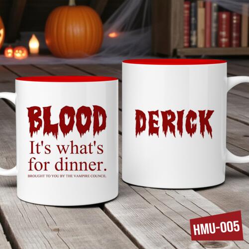 BLOOD, It's what's for dinner. brought to you by the vampire council. Inner Color Mug with Personalized Name, Halloween Mug Design - HMU-005 Thumbnail