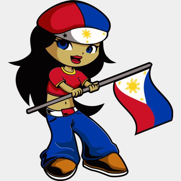 Philippines , Clipart , Solid Color , Yellow , Red , Blue , Black and White , PNG , Philippine Flag , Girl Holding the Flag of the Philippines , Digital Printing , Customizable , Personalized Gift - Flag Country Little Girl Black Hair Philippines Thumbnail